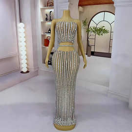 气质露腰两件套亮晶晶水钻网纱长裙酒会派对礼服红毯演出服平行线