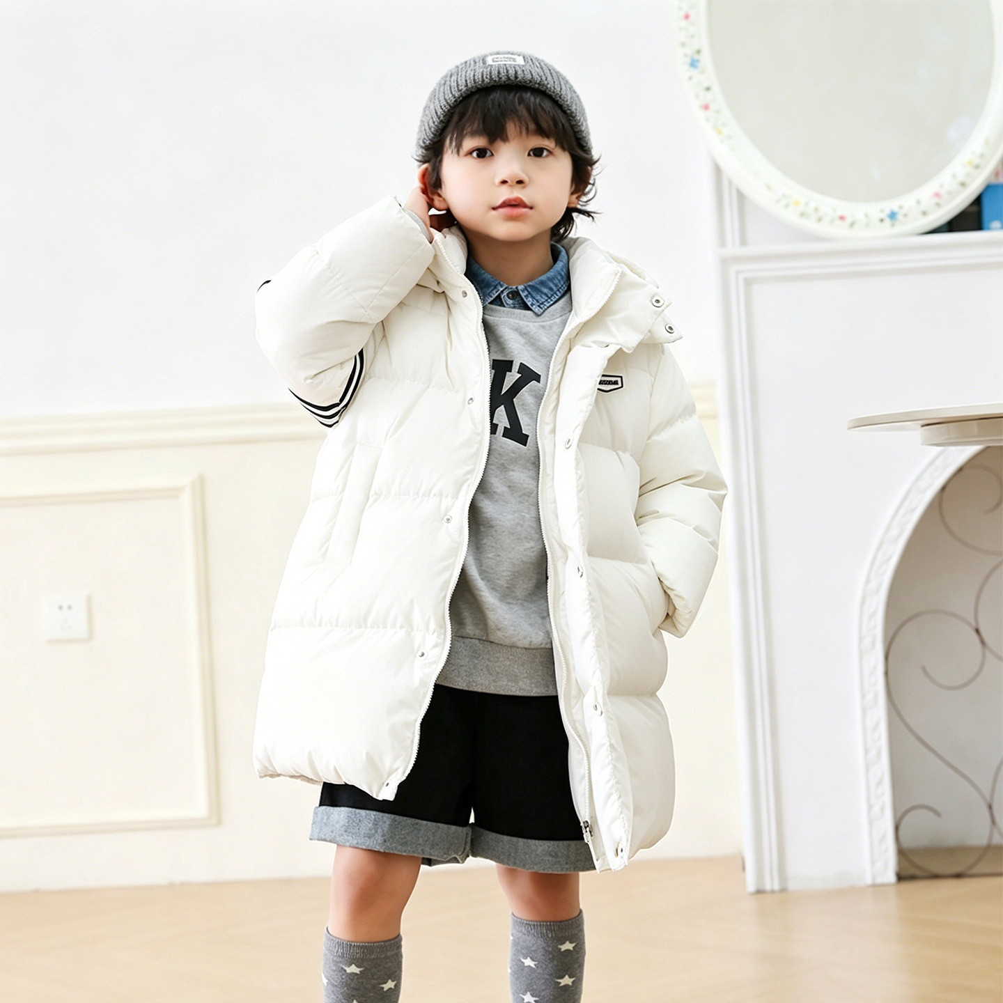 Children's down jacket, mid-length, winter style, parent-child style, thickened, 90% down, for boys and girls, 23859