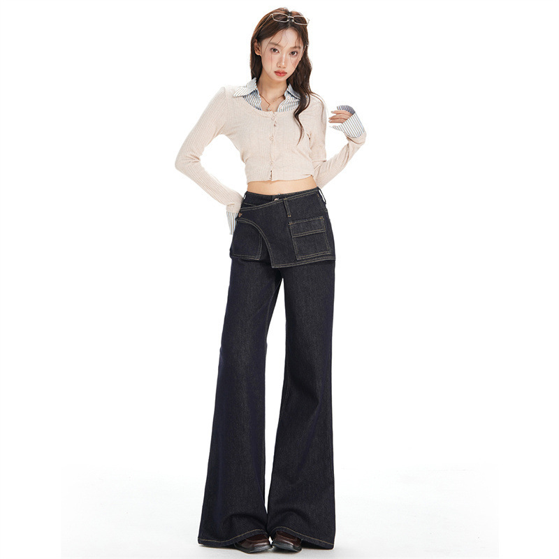 Dark Blue Retro Asymmetric Waistband Design Bootcut Jeans for Women 25 Years Autumn and Winter New Fake Two-Piece Wide-Leg Pants