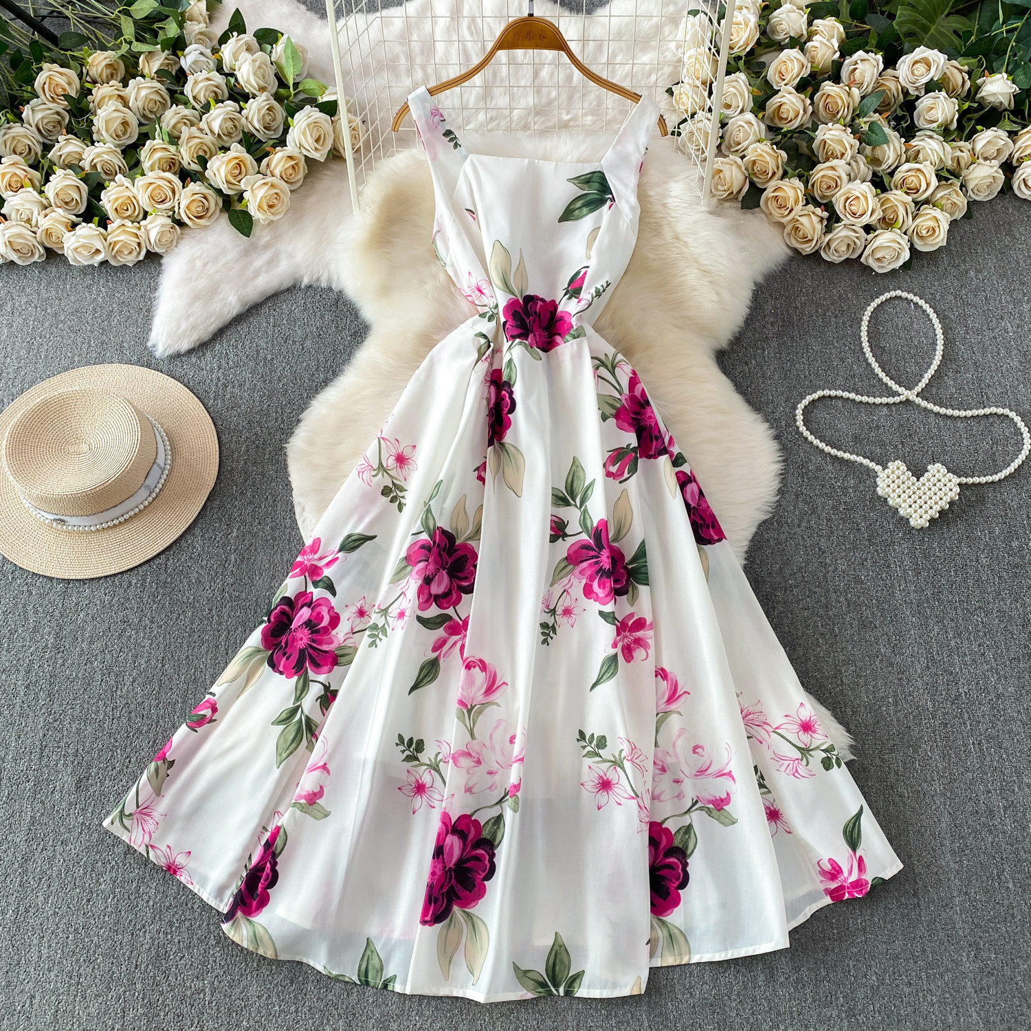 Romantic Floral Print Square Neck Dress European American Style Summer Suspender High Waist Cinching Slimming Full Skirt Women's Clothing_ecoleips.com