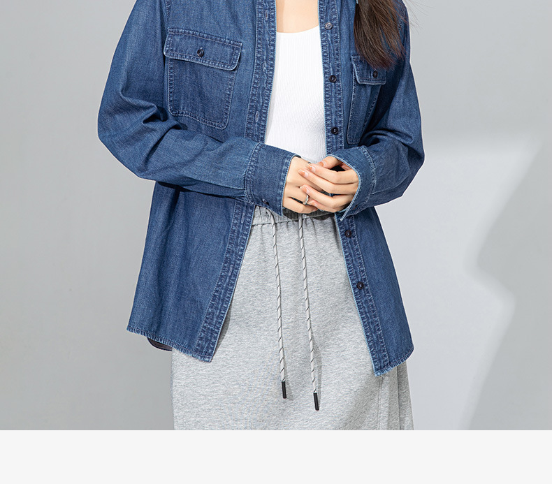 Áo sơ mi denim nữ dài tay phong cách Hàn Quốc, mặc lót hoặc mặc ngoài, tôn dáng gầy — Màu xanh lam chi tiết 2