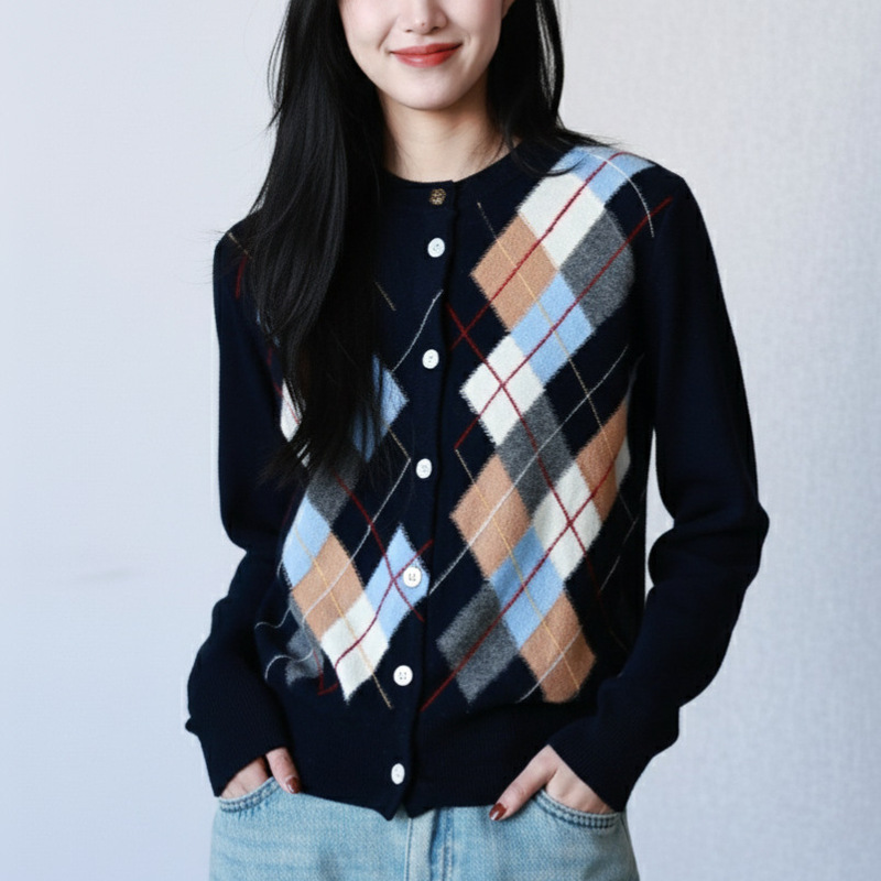 Renaissance Style 100% Merino Wool Knit Cardigan, Color-Blocked Argyle Vintage Sweater