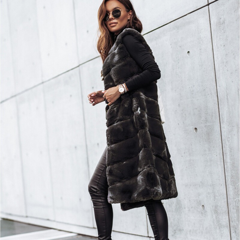 2024 new Amazon cross-border European and American women's foreign trade autumn and winter round neck fur vest long vest coat women 2024 new Amazon cross-border European and American women's foreign trade autumn and winter round neck fur vest long vest coat women