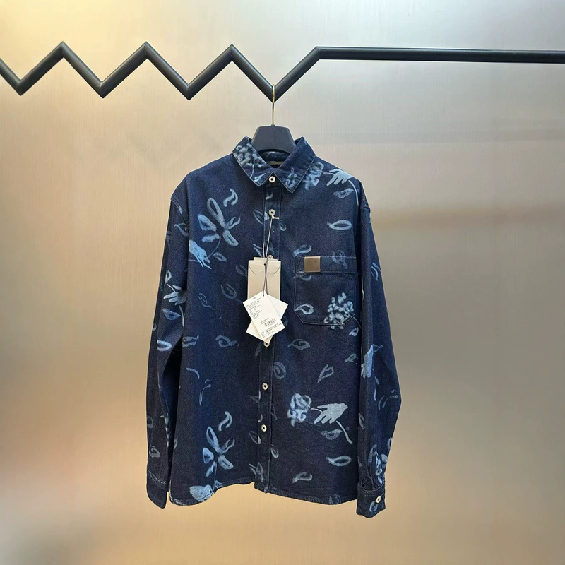 Men's denim shirt jacket with distressed chest pocket leather label men jacket