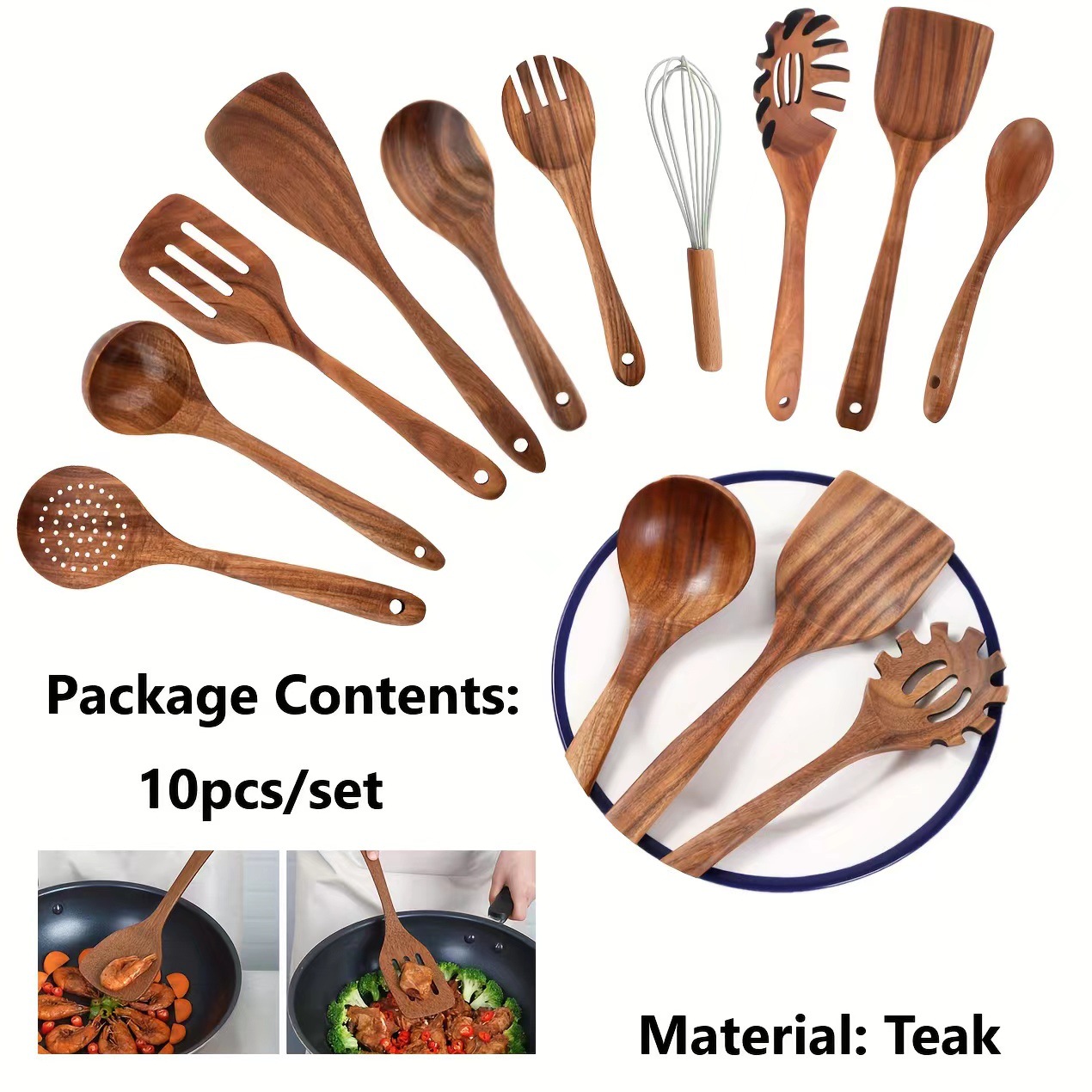 Juego de cocina de teca, cuchara de pala de madera maciza, tenedor, sartén antiadherente, utensilios de cocina de madera de acacia, espátula de mango largo, juego de cocina de 9 piezas