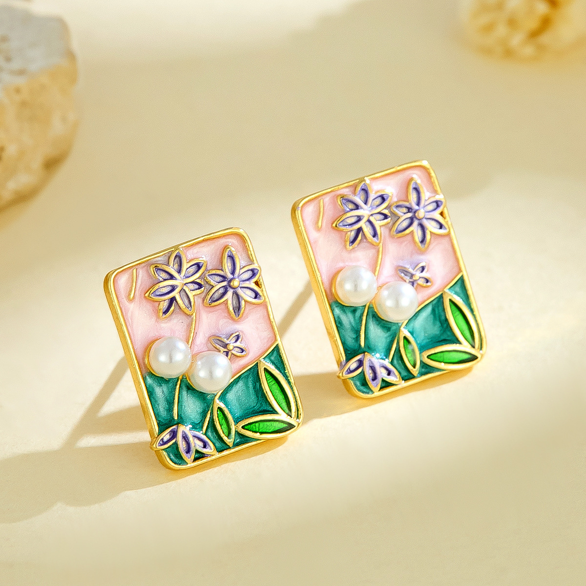 Monet Garden nuevo estilo pintura al óleo pintura pintada goteo de aceite pendientes de flores con incrustaciones de perlas pendientes de cobre de moda de alta calidad