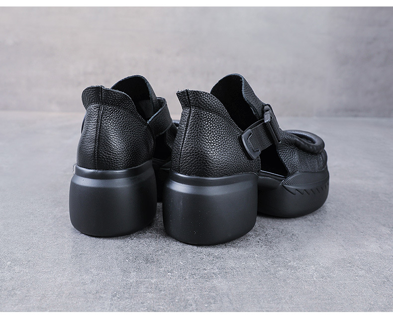 Sandal cao gót nữ quai ngang đế xốp dày da bò thật — Màu nâu chi tiết 12