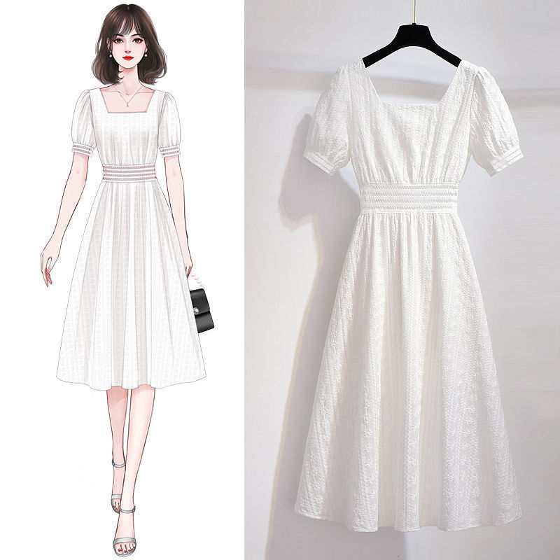 白裙白色连衣裙女夏季2023新款气质显瘦仙气仙森系夏天方领裙子热