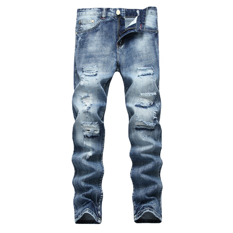Cross-border U.S. Men's light blue Ripped Straight Slim-fit Jeans Cotton Multi-hole Denim Pants