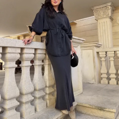 跨境外贸欧美女装2025年秋季新款纯色腰带开衫柔美气质长裙套装