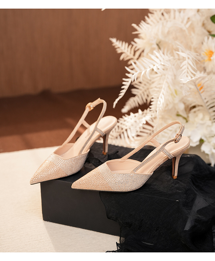 7755-6 Rhinestone Studded Open Back Sandals With Heel Cover, Shiny High Heels, Thin Heels For Commuting, Professional,_voghion.com