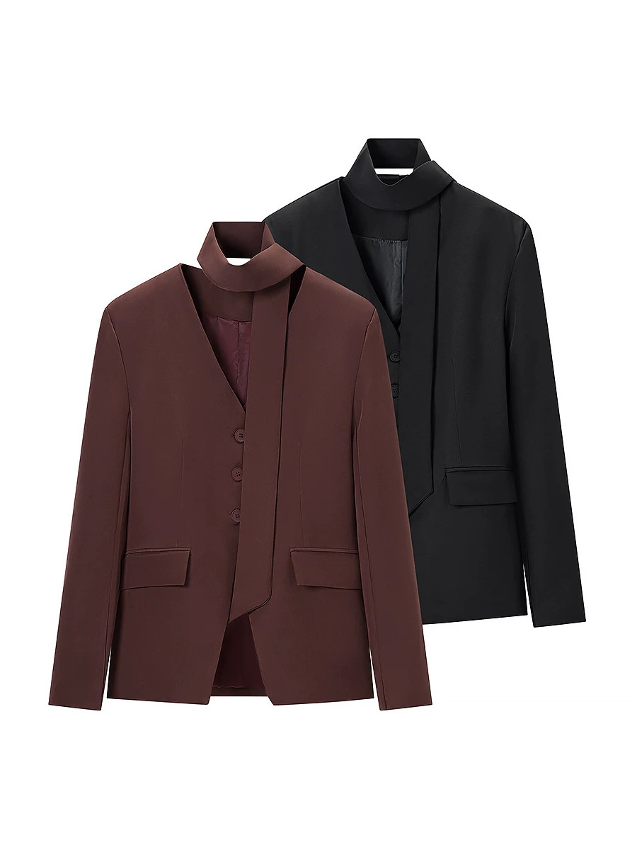 Qadın şalvarlı blazer dəsti, V-yaxalı, kəmərli