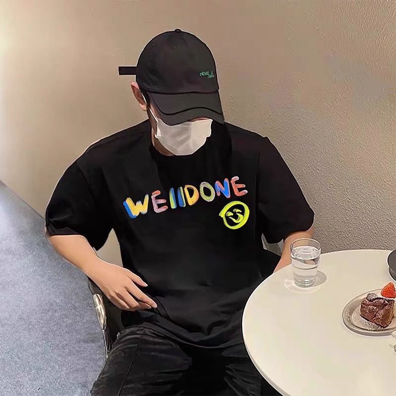 クロスボーダー卸売 25s トレンディなブランドヘビーウェイト WELL ニッチアメリカンスポーツルーズ男性と女性のカップルプリント半袖 T シャツ|undefined