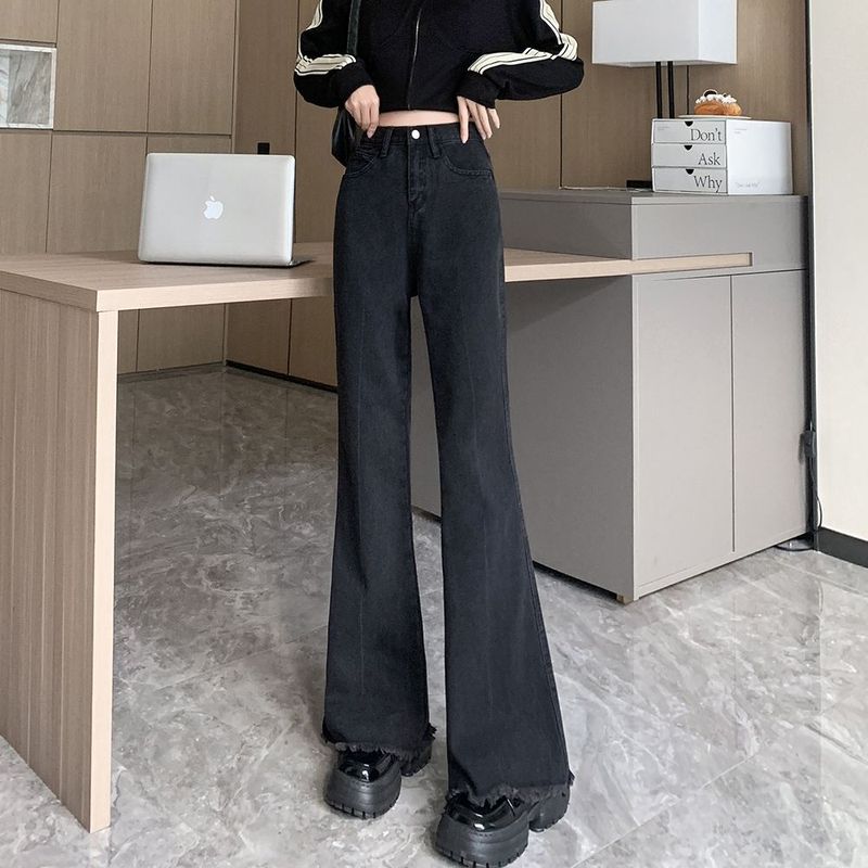 秋の女性用ブラックブーツカットジーンズ、ハイウエスト、ルーズ、ワイドレッグ、馬蹄パンツ、多用途のローエッジパンツ|undefined