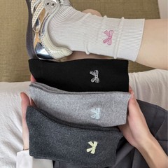 刺繡蝴蝶結女春季新款雙針無骨襪子韓版中筒襪韓國ins堆堆襪女襪