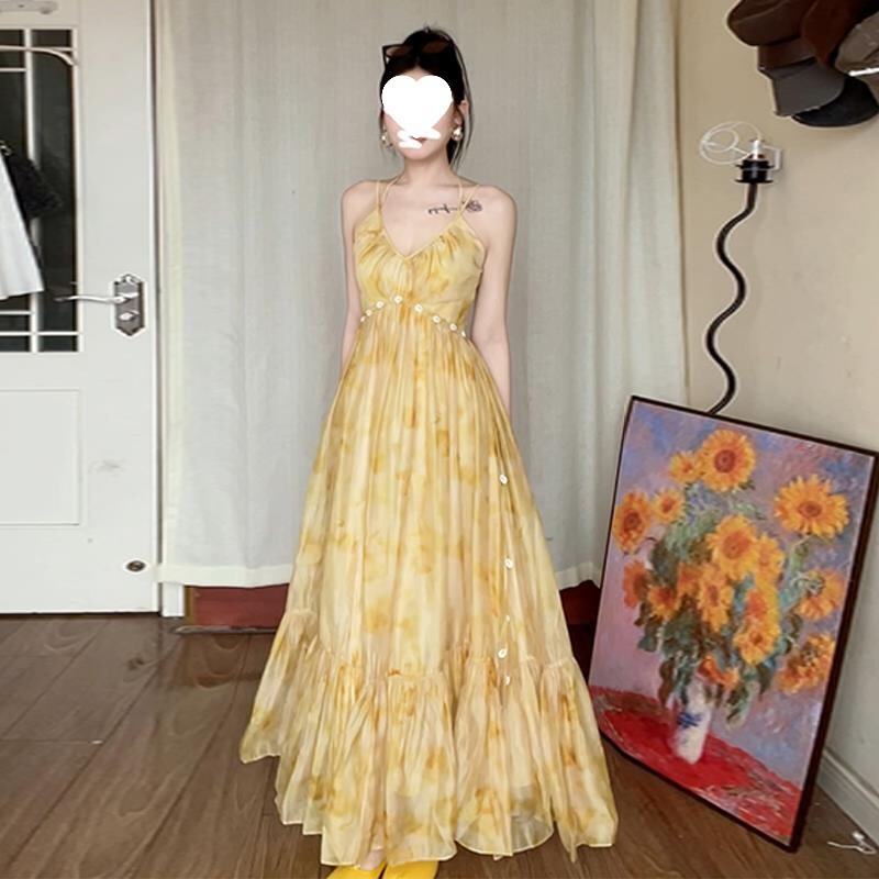 French-Style Yellow Floral Spaghetti Strap Dress for Women, 2026 Summer New Model, Elegant Long Dress for Seaside Vacation French-Style Yellow Floral Spaghetti Strap Dress for Women, 2026 Summer New Model, Elegant Long Dress for Seaside Vacation