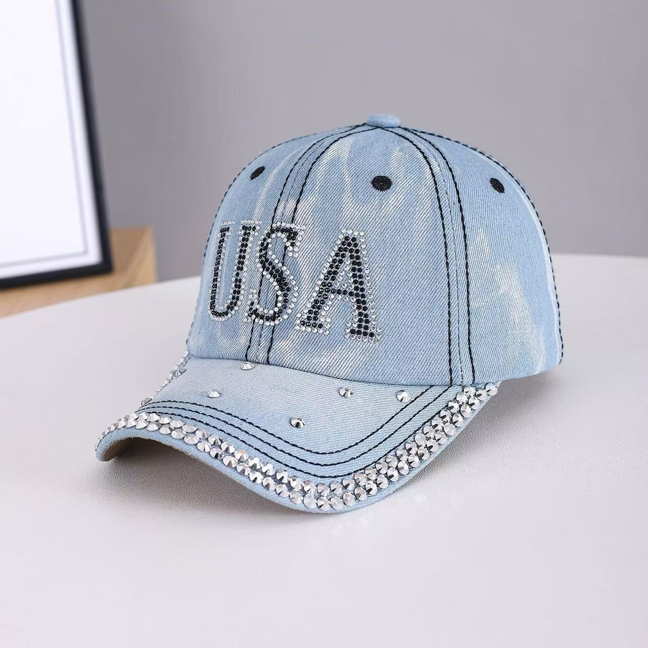 Fashionable Rhinestone Letter Denim Baseball Cap For Women_voghion.com