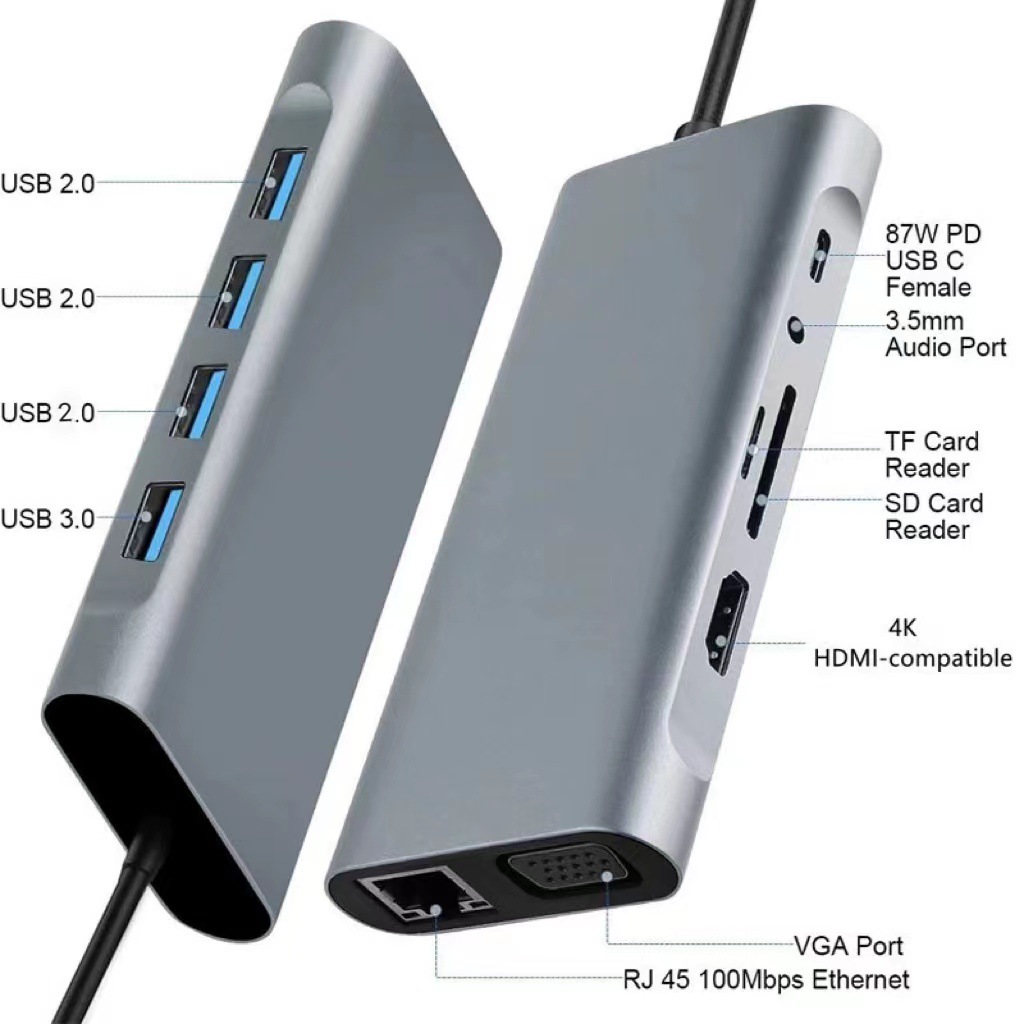 11 en 1 USB tipo c hub convertidor HDMI 4K HD portátil móvil gigabit dock