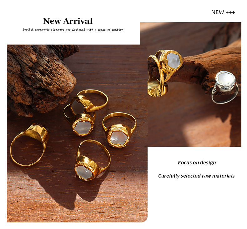 Retro Geometric Titanium Steel Plating Metal White Sea Shell Rings 1 Piece