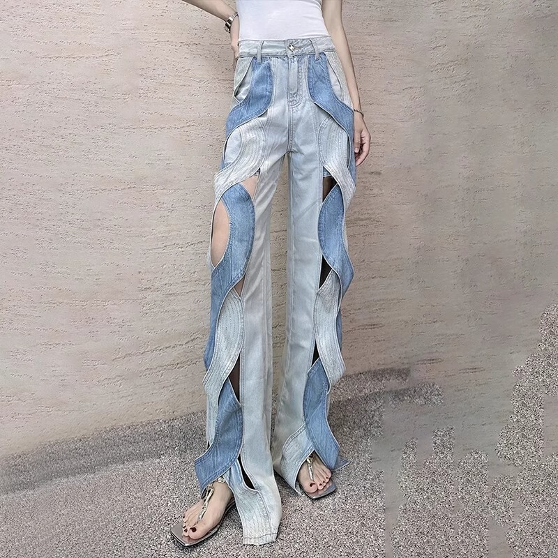 Trendy and Popular Personality Patchwork Street Style Color-Blocking Design Spiral Hollow-Out Wide-Leg Straight Floor-Length Jeans