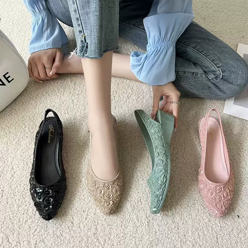 单鞋花朵网红塑料女夏季防滑配裙子时尚尖头凉鞋包头坡跟增高外穿