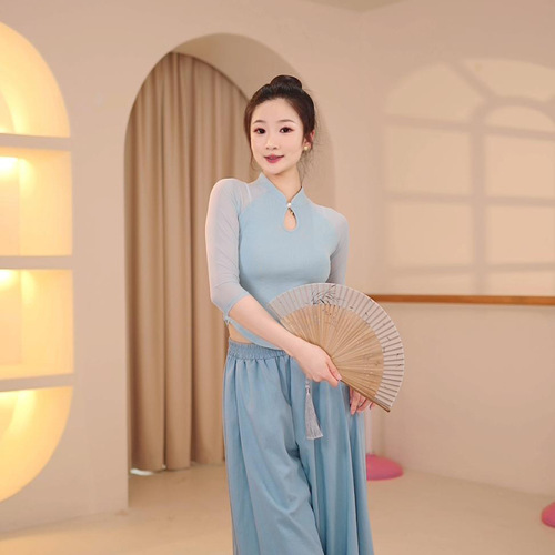 Classical dance clothing for women with spliced ​​gauze sleeves, spring and summer new slim-fitting tops, Chinese dance retro practice clothing, ancient style clothing