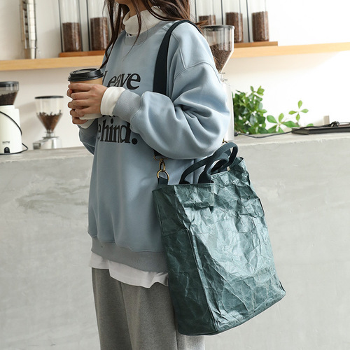 日系休闲复古手提包ins时尚杜邦纸单肩包网红洗水牛皮纸单肩女包