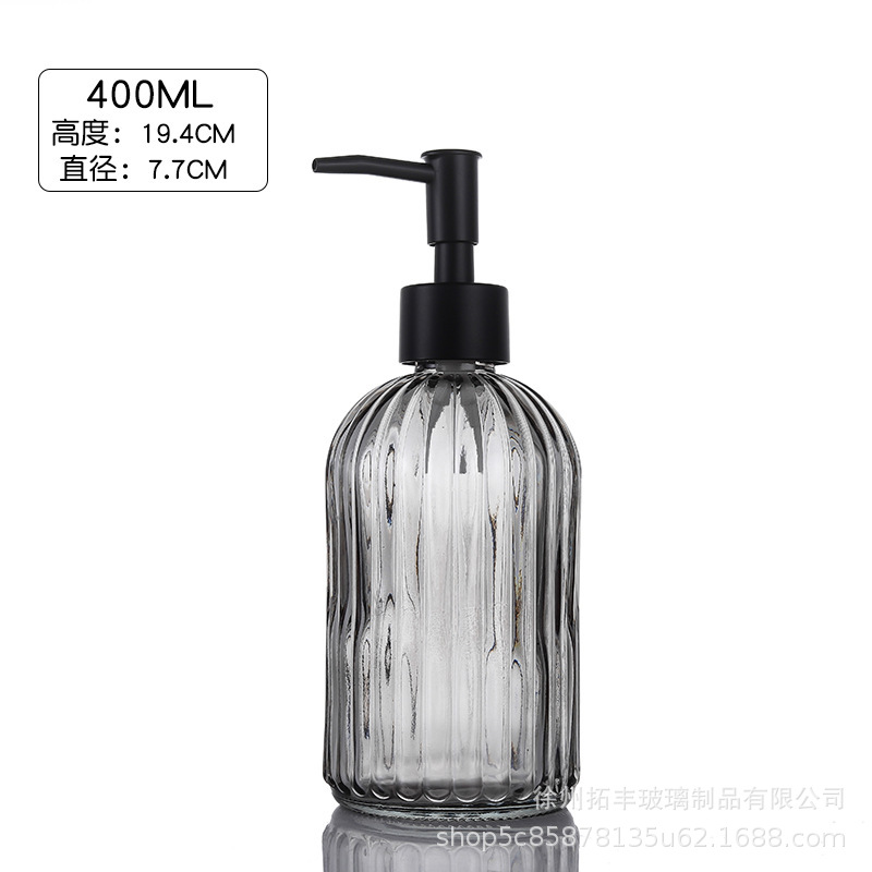 400ml; botella gris + cabeza de bomba negra; vidrio
