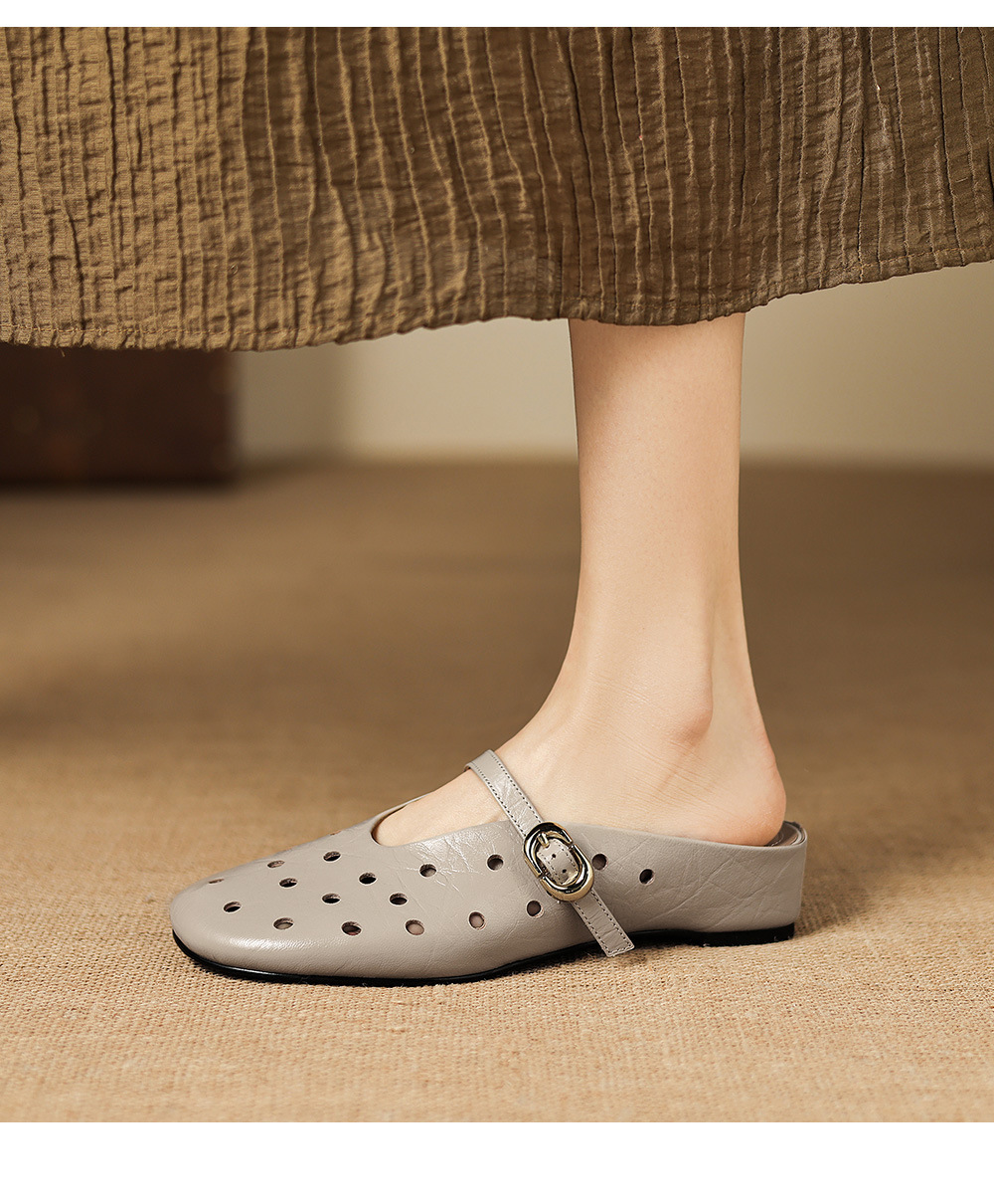 Sandal nữ da dê đục lỗ mũi trùm quai ngang hở gót — đen chi tiết 13