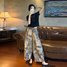 网红阔腿裤中老年女装夏季新款国风复古印花宽松显瘦妈妈裤子
