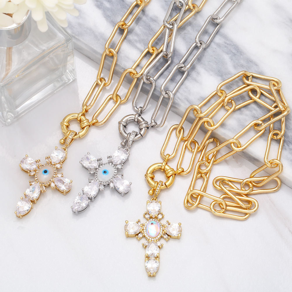 Hip Hop Eye Cross Pendant Thick Chain Copper 18K Gold-plated Inlaid Zircon Necklace