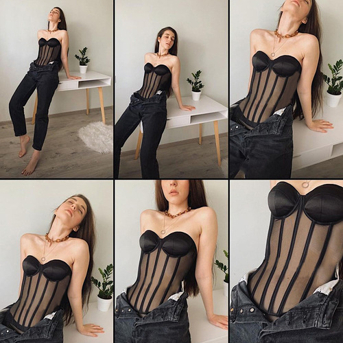 23548P Breast Cup Mesh Waist Bra for Women European and American Spring Solid Color Splicing Lace-up Slim Fit Inner Tube Top