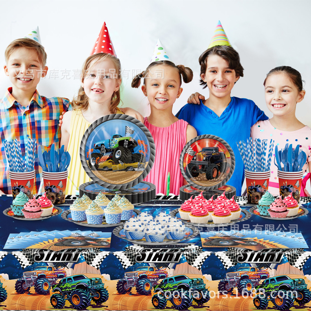 Camión cross-border tema de fiesta decoración niño cumpleaños bandeja de papel desechable tazas de papel toallas de papel set de cubiertos