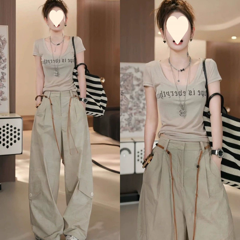Летний комплект одежды с новым дизайном: футболка с коротким рукавом и принтом и брюки-карго с высокой талией, женский двухсоставной костюм.