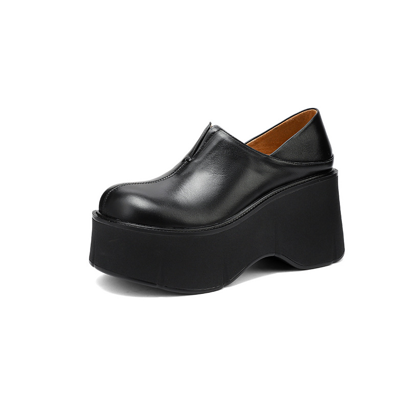 Giày loafer nữ đế xuồng platform da bò cao cấp gót 9 cm — màu đen, màu trắng ngà