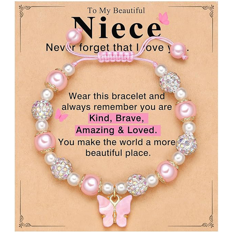 Children's Shambala Bead Bracelet 10mm Pink Pearl Powder Acrylic Butterfly Bracelet with Diamond-Encrusted Pearl Butterfly Bracelet