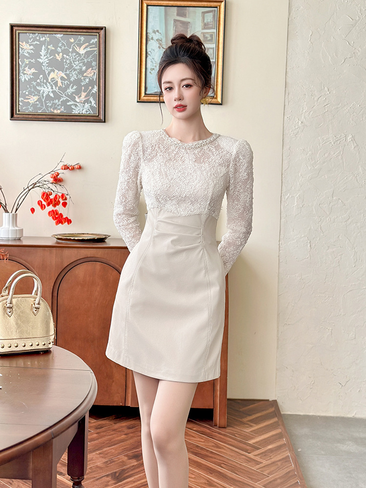 Váy ren kiểu Pháp ôm eo bodycon ngắn thanh lịch — quả mơ