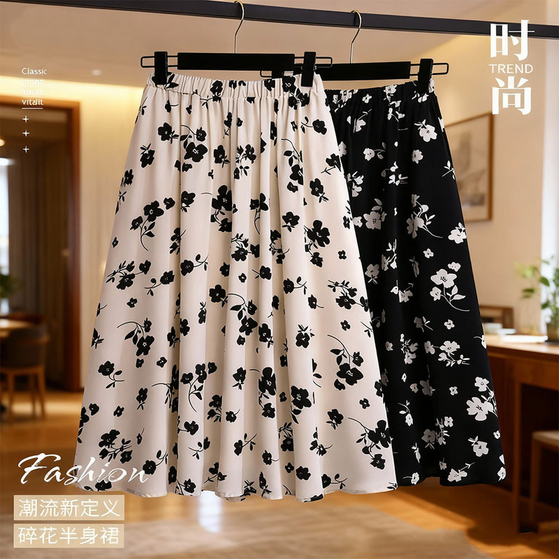 Black A-Line Floral Midi Skirt for Women, Spring and Autumn, Thin Style, Trendy This Year, Versatile Floral Midi Skirt Black A-Line Floral Midi Skirt for Women, Spring and Autumn, Thin Style, Trendy This Year, Versatile Floral Midi Skirt