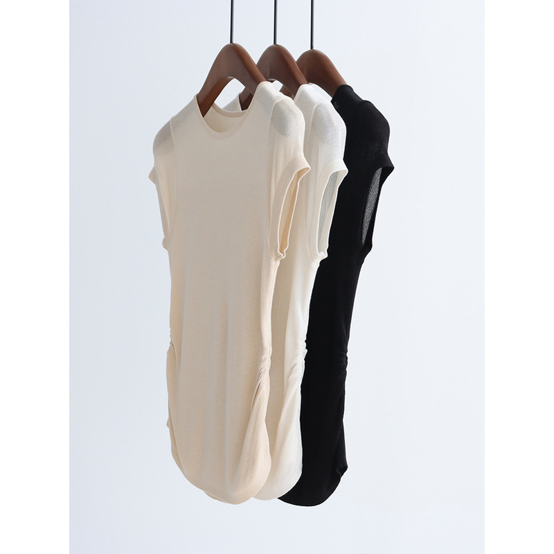 Fashionable Slimming Look Pleated Detail Lyocell Tencel Semi-See-Through Small Flying Sleeve Knitwear Summer Slim T-Shirt Top