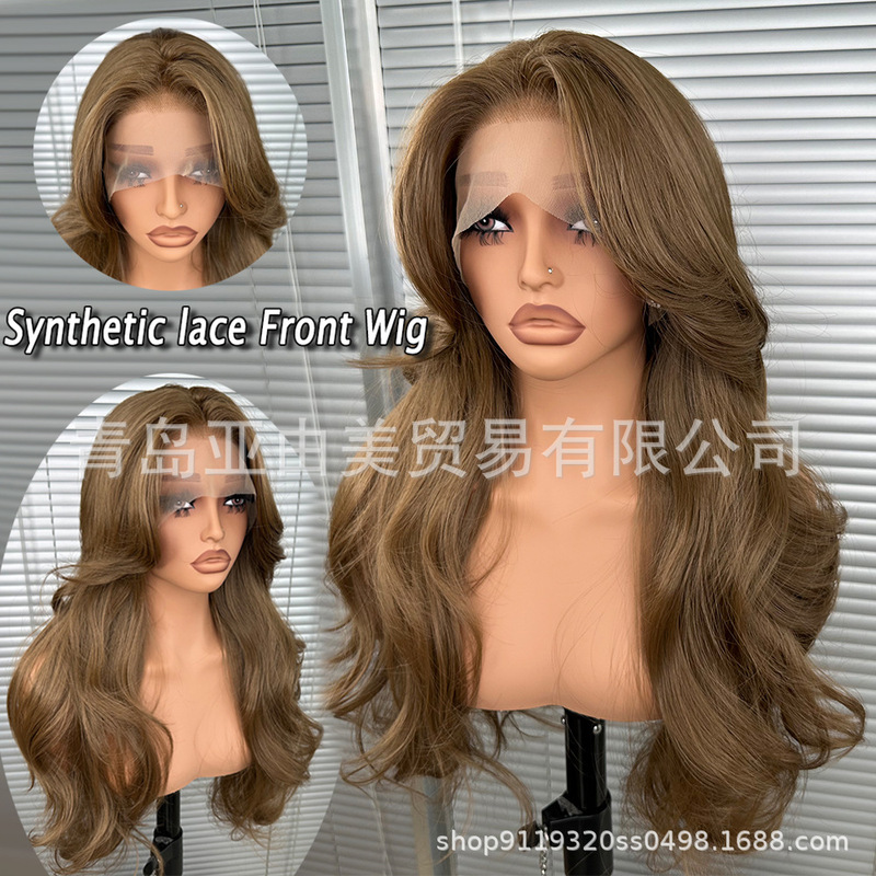 In-stock cross-border e-commerce new model 13*4 brown curly lace front wig high-temperature synthetic fiber long hair manufacturer In-stock cross-border e-commerce new model 13*4 brown curly lace front wig high-temperature synthetic fiber long hair manufacturer