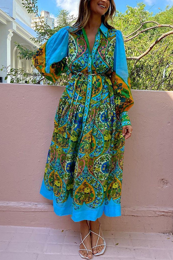 385g Weight Wholesale Women's Vacation Printing Plant Holiday Beach Shirt Collar Long Sleeve Regular Dress