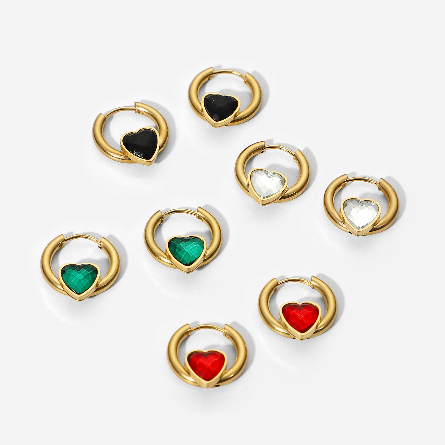Heart-shaped Zircon Hoop Stainless Steel Green Red Heart-shaped Zircon Earrings display picture 6