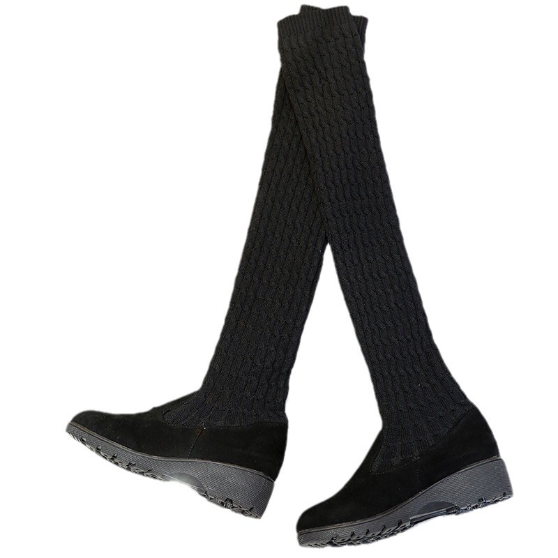 New women's boots knitted wool high flat over the knee elastic boots_voghion.com