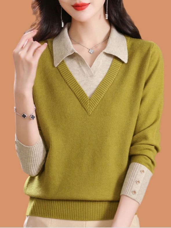 Estación europea falsa de dos piezas de lana suéter de las mujeres de otoño e invierno de color a juego estilo occidental suéter de fondo Jersey de punto suelto suéter de cachemira image 5