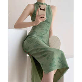 重庆森林/ 复古显白绿色改良版新中式国风旗袍连衣裙2024夏季长裙