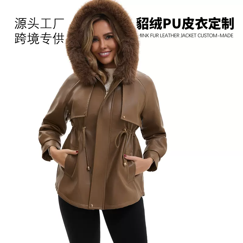 跨境热销中长款派克服皮衣加绒加厚收腰时尚女装风衣外套外贸工厂