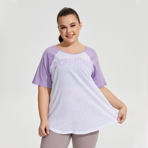 欧美宽松透气瑜伽服罩衫女 大码撞色印花跑步运动衣短袖健身服T恤