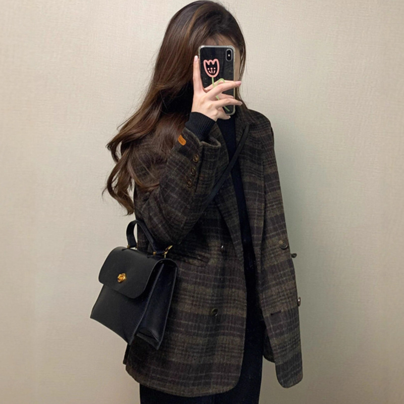 2025 New Woolen Suit Jacket, High-End, Retro Outwear, Thickeneded Plaid Top, Women's Trendy A8295
