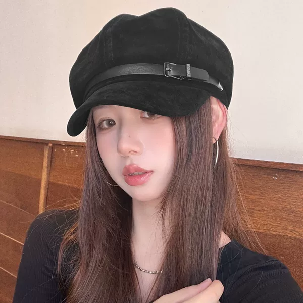 Vintage Suede Leather Belt Buckle Brown Beret for Women, Autumn Face-Slimming Small Newsboy Cap with Large Head Circumference, Japanese Style