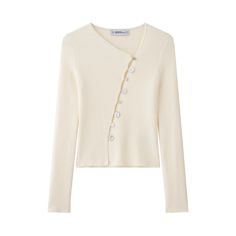 Cross-Border 2026 European and American Style New Women's Simple Long-Sleeve Spring Fashion Casual Asymmetrical Buckle Knit Cardigan